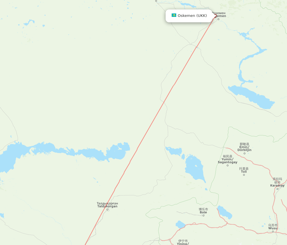 Almaty - Ust-Kamenogorsk route map and flight paths