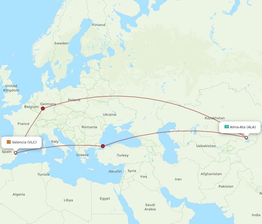 ALA to VLC flights and routes map