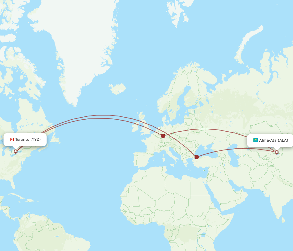 Toronto - Almaty route map and flight paths
