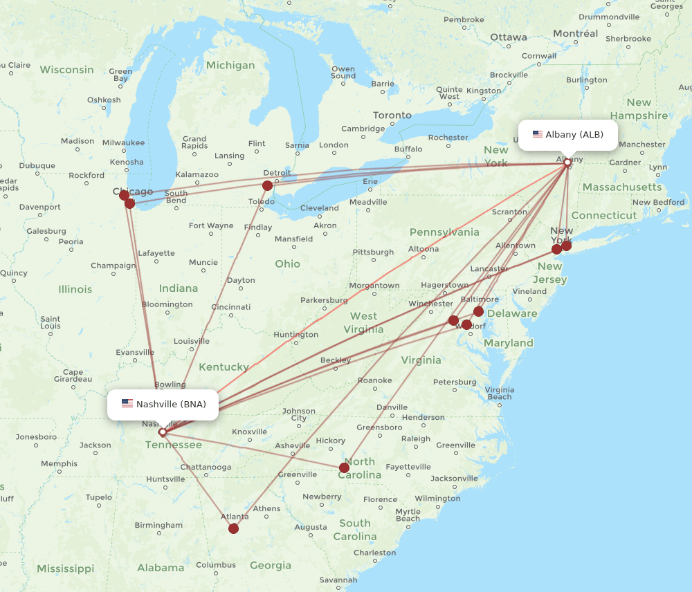 ALB-BNA flight routes