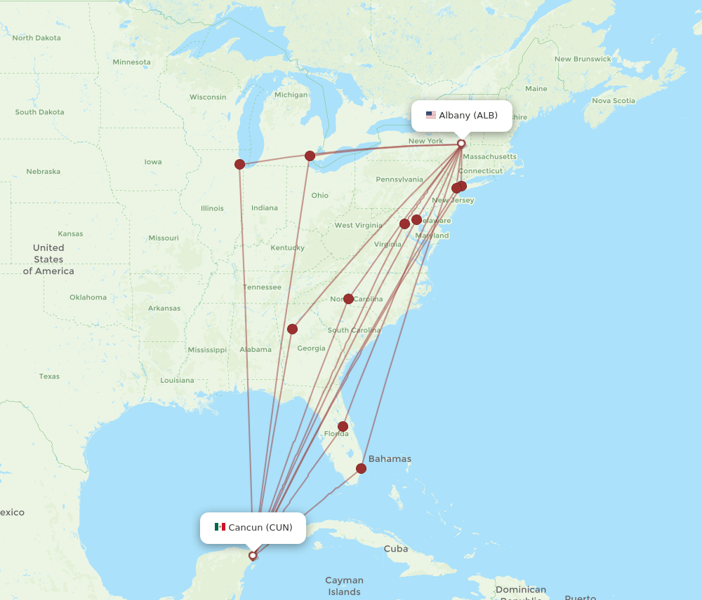 ALB-CUN flight routes