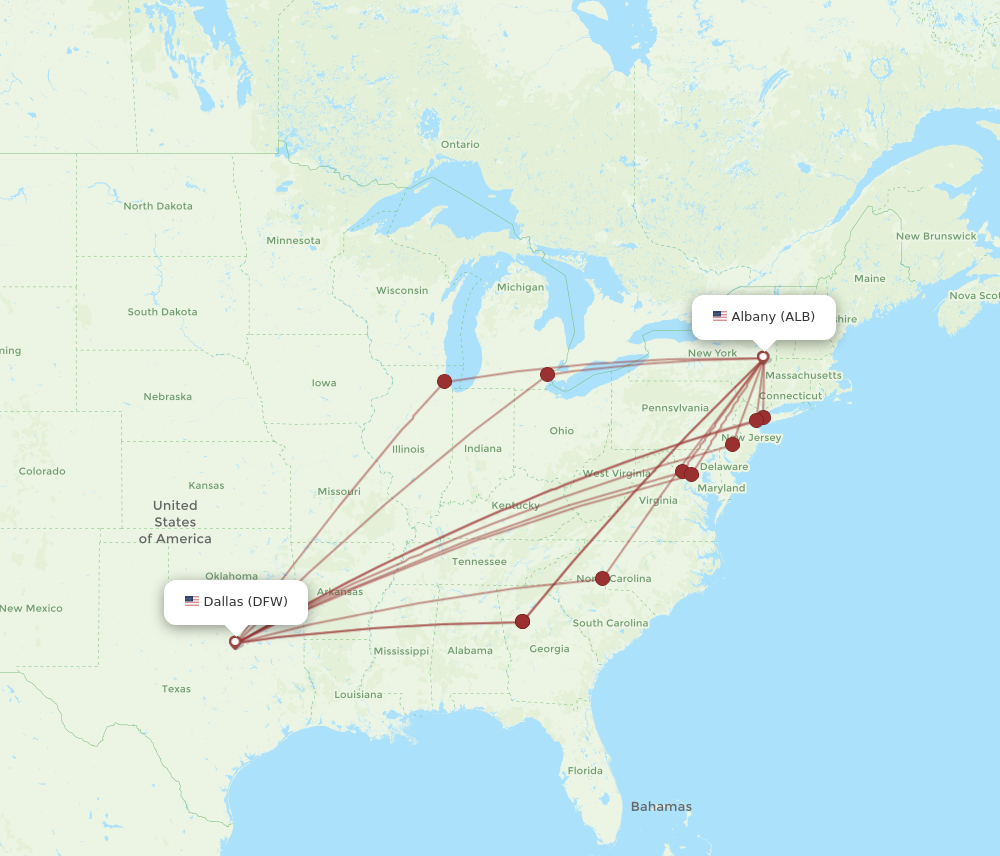 ALB to DFW flights and routes map