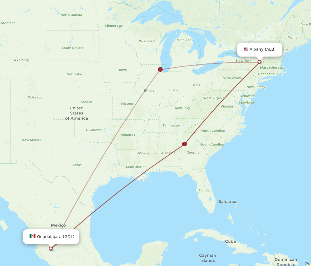 ALB to GDL flights and routes map