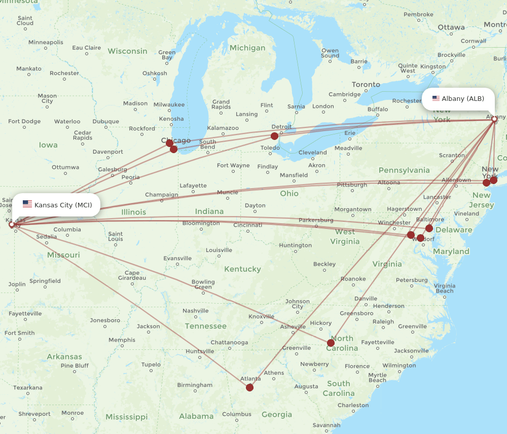 ALB-MCI flight routes