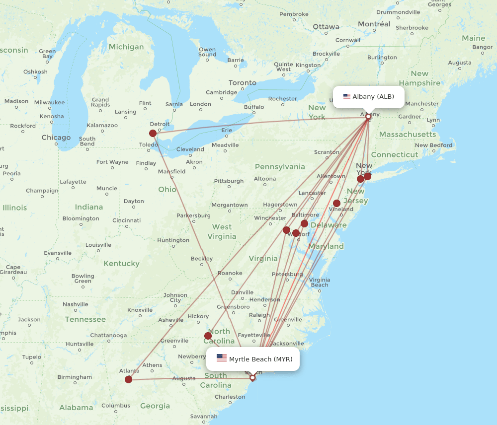 ALB-MYR flight routes