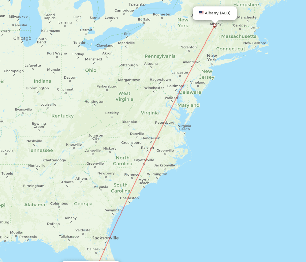 Albany - Saint Petersburg route map and flight paths