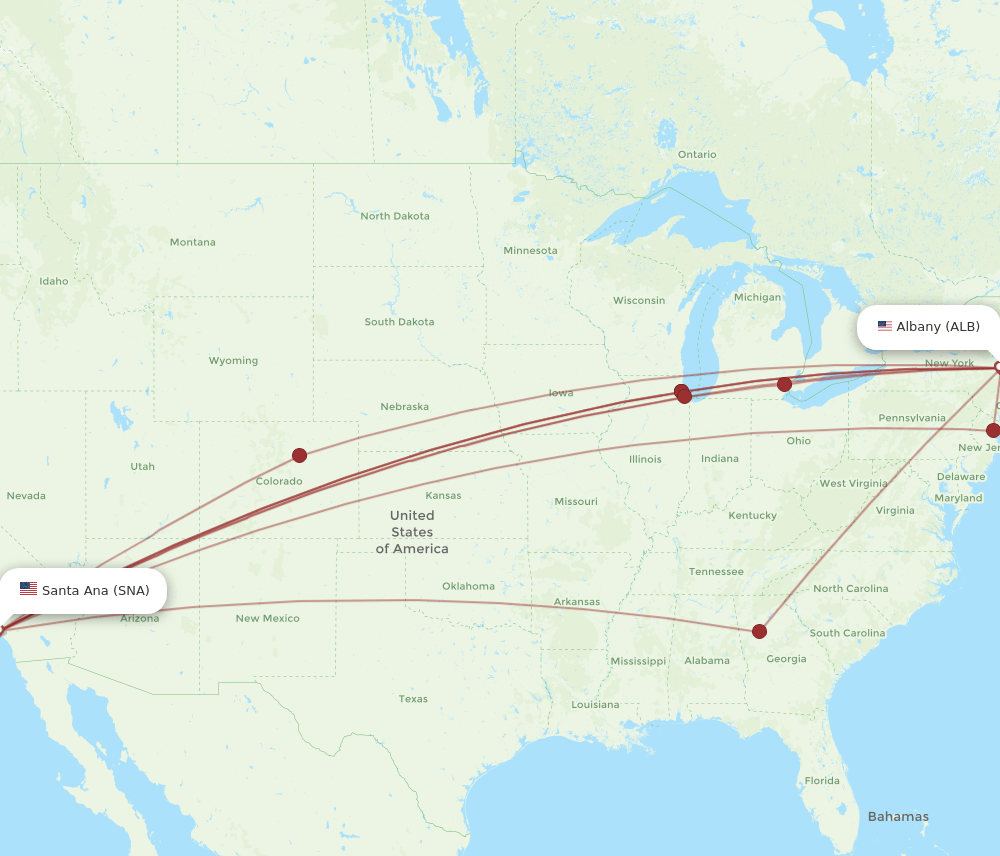 ALB to SNA flights and routes map
