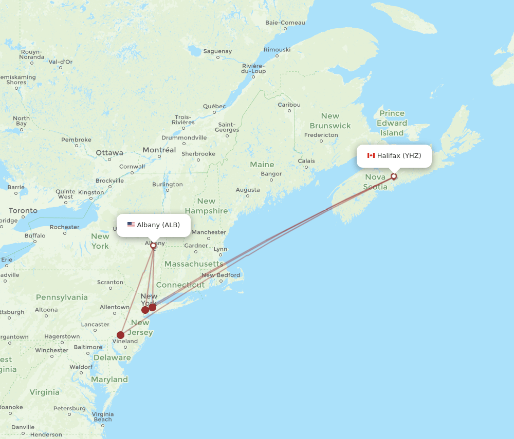 ALB to YHZ flights and routes map