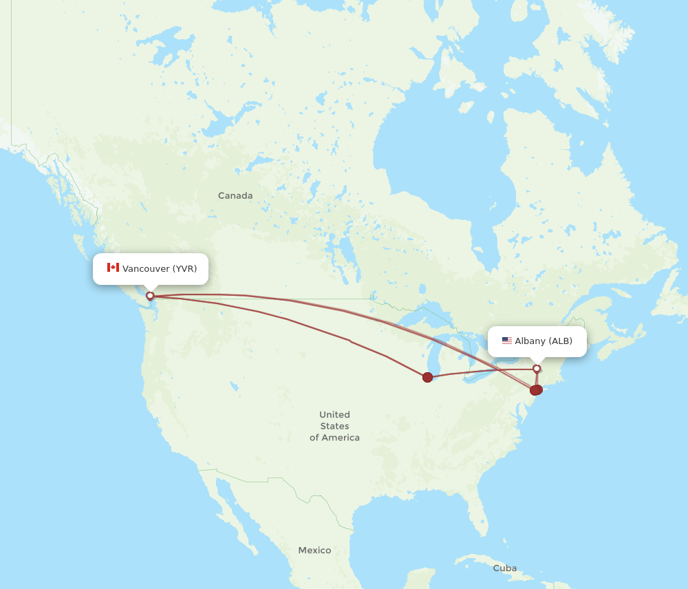 YVR to ALB flights and routes map