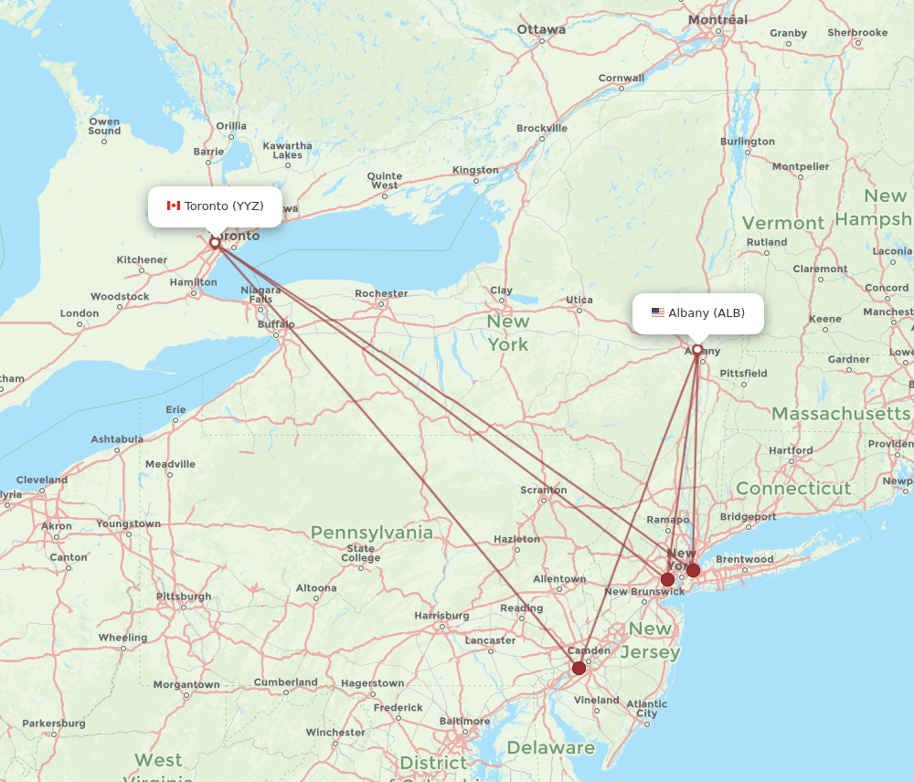 YYZ to ALB flights and routes map