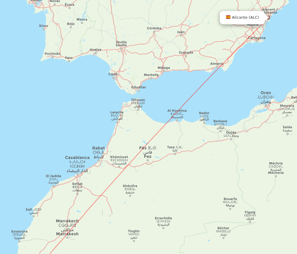 Alicante - Agadir route map and flight paths