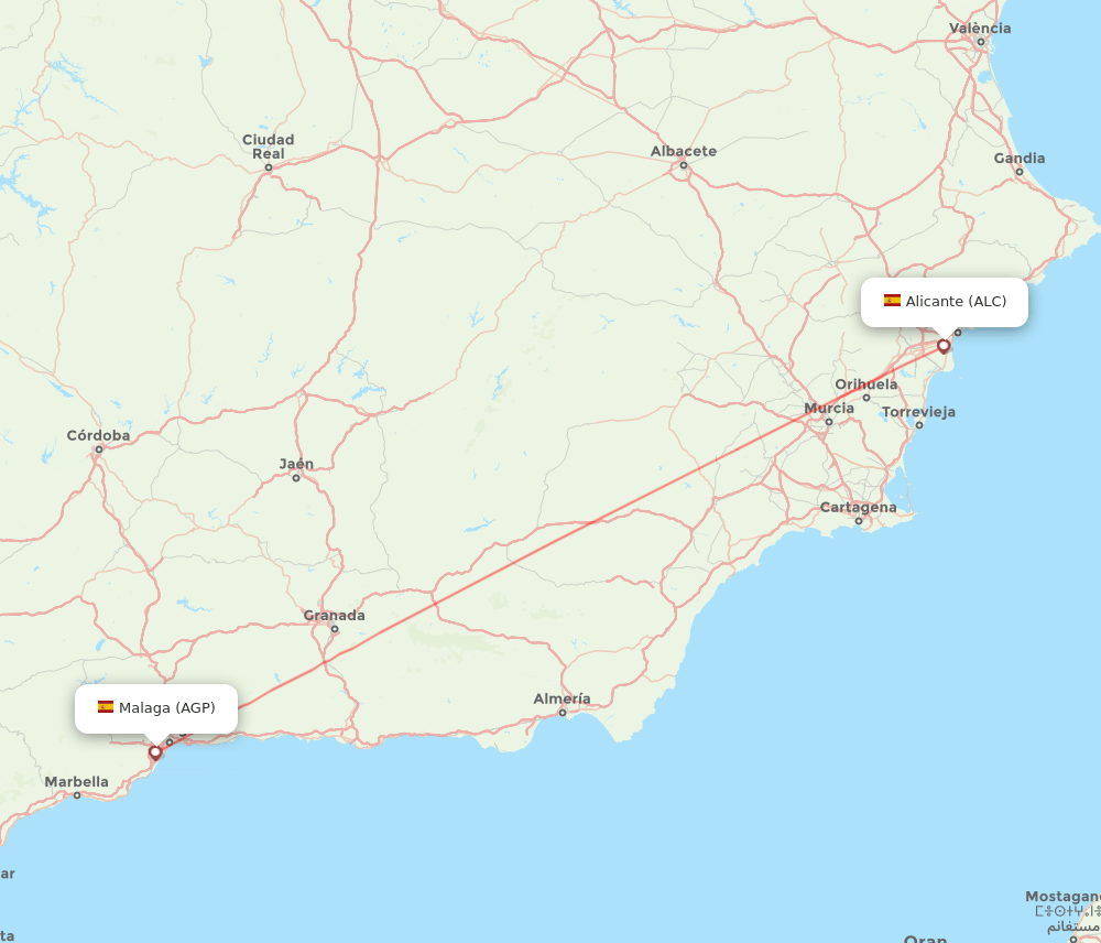 Malaga - Alicante route map and flight paths