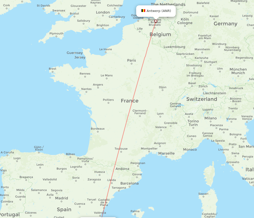 Alicante - Antwerp route map and flight paths