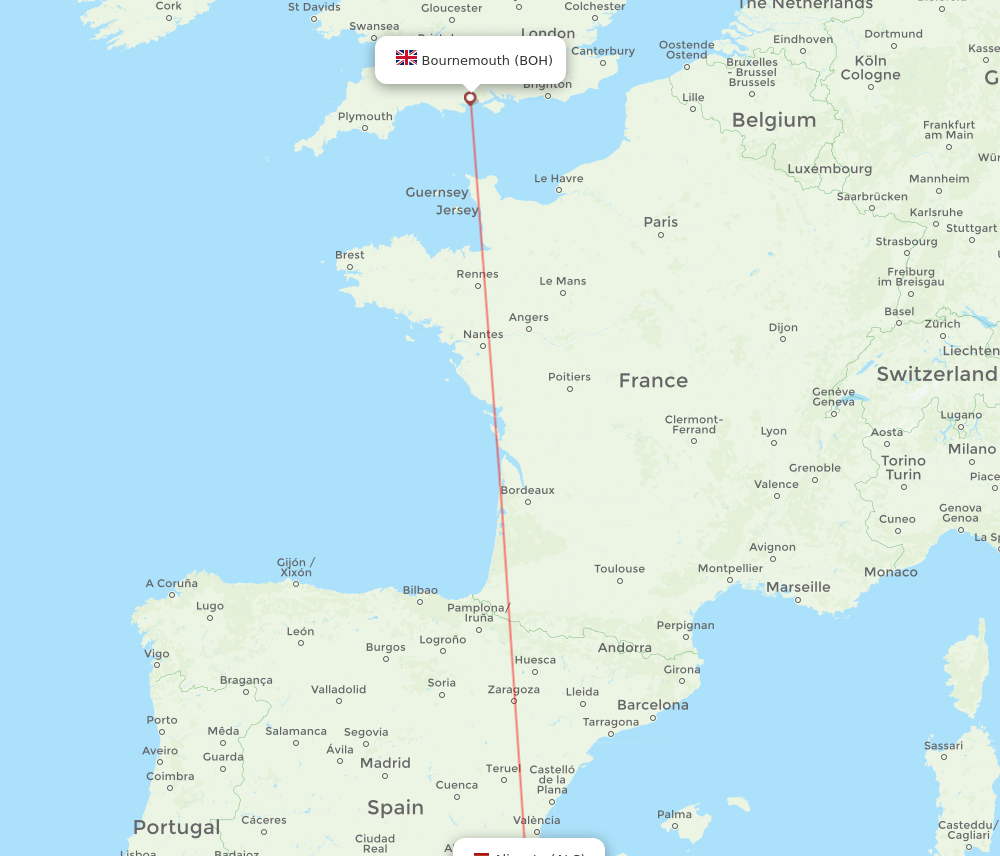 Alicante - Bournemouth route map and flight paths