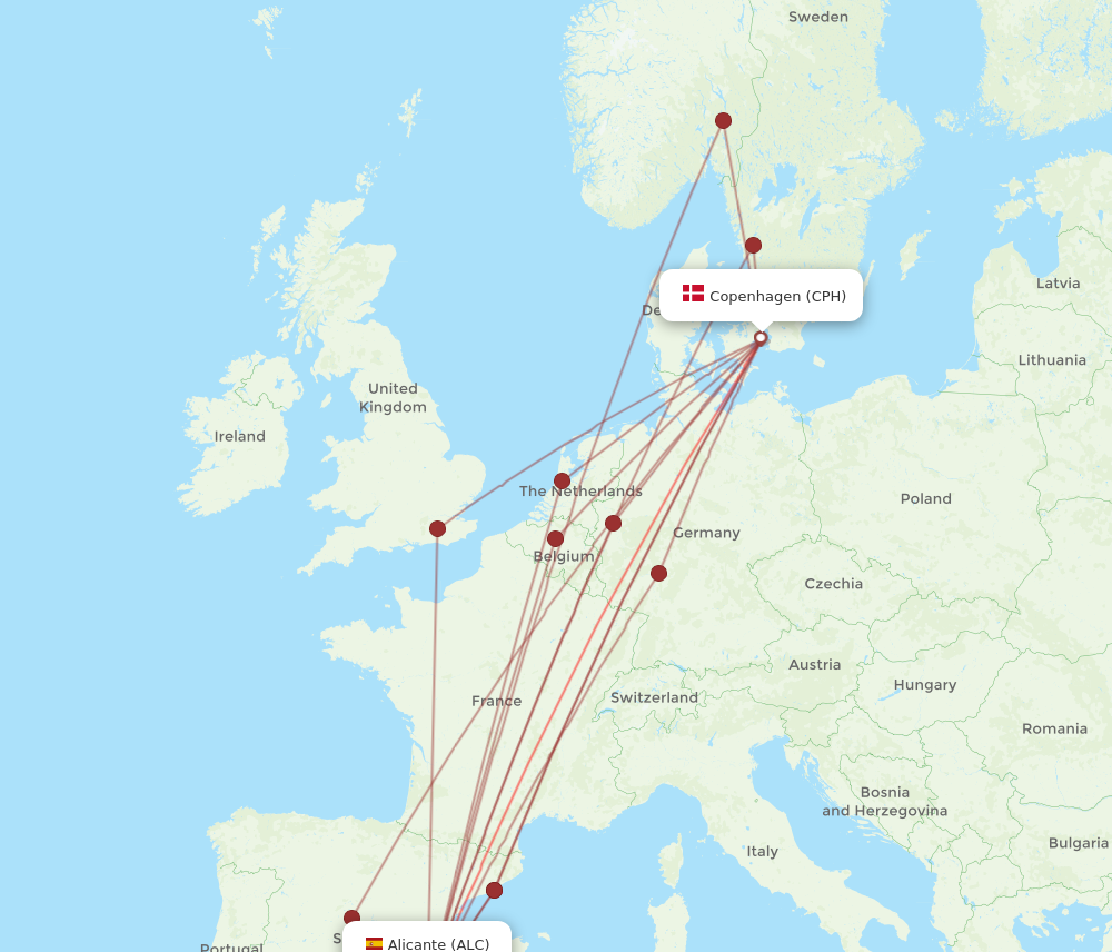 ALC to CPH flights and routes map