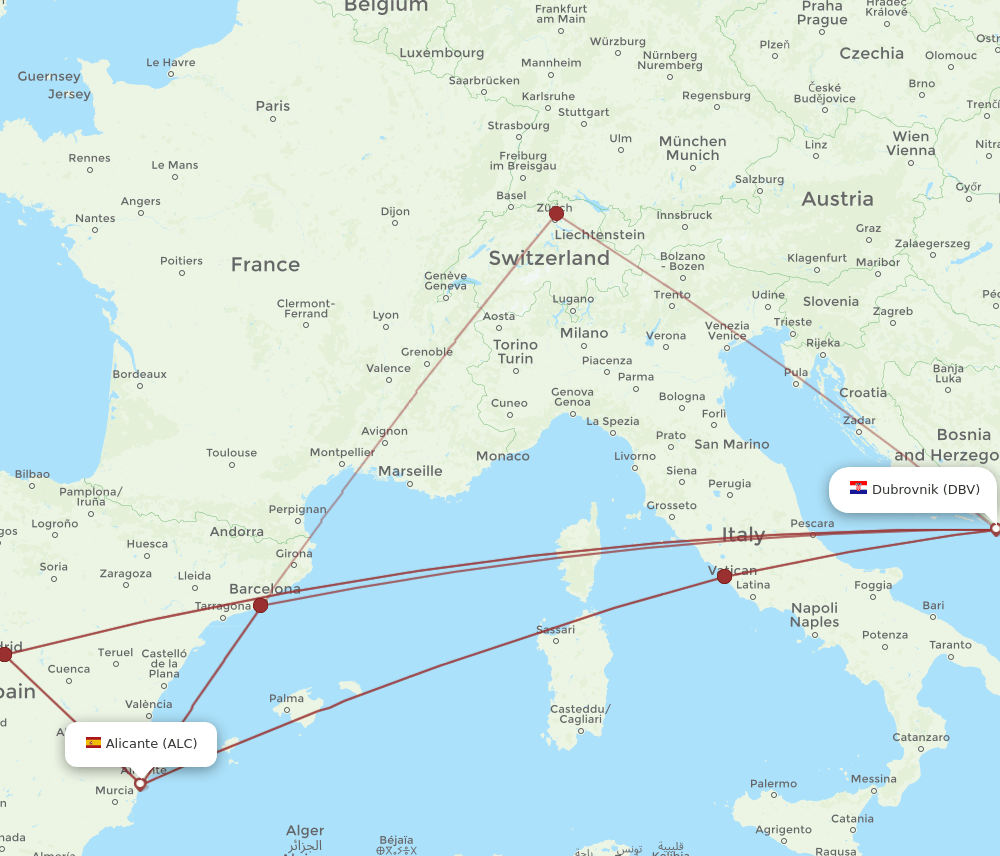 ALC to DBV flights and routes map