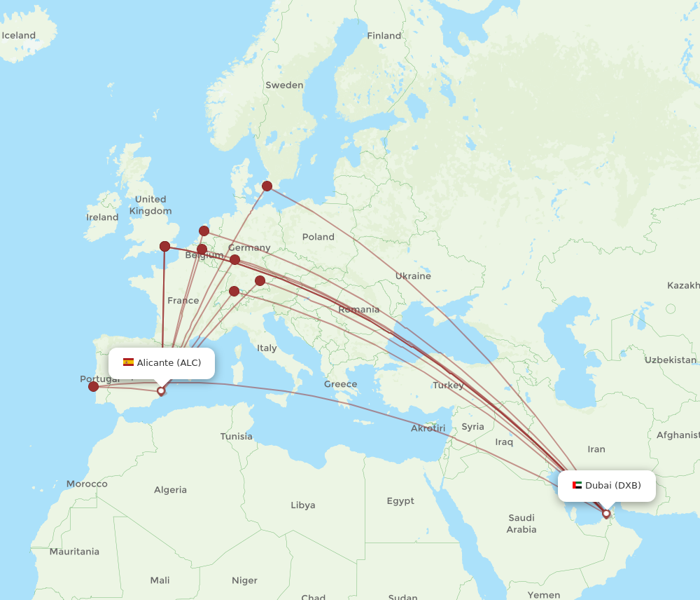 ALC to DXB flights and routes map