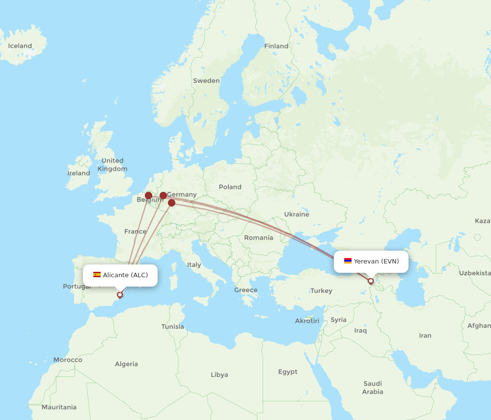Alicante - Yerevan route map and flight paths