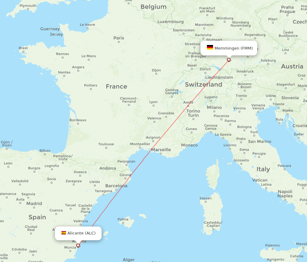 Alicante - Memmingen route map and flight paths