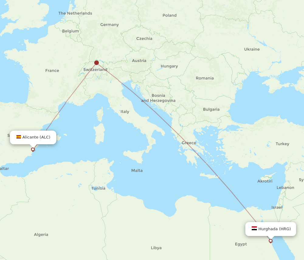 Alicante - Hurghada route map and flight paths
