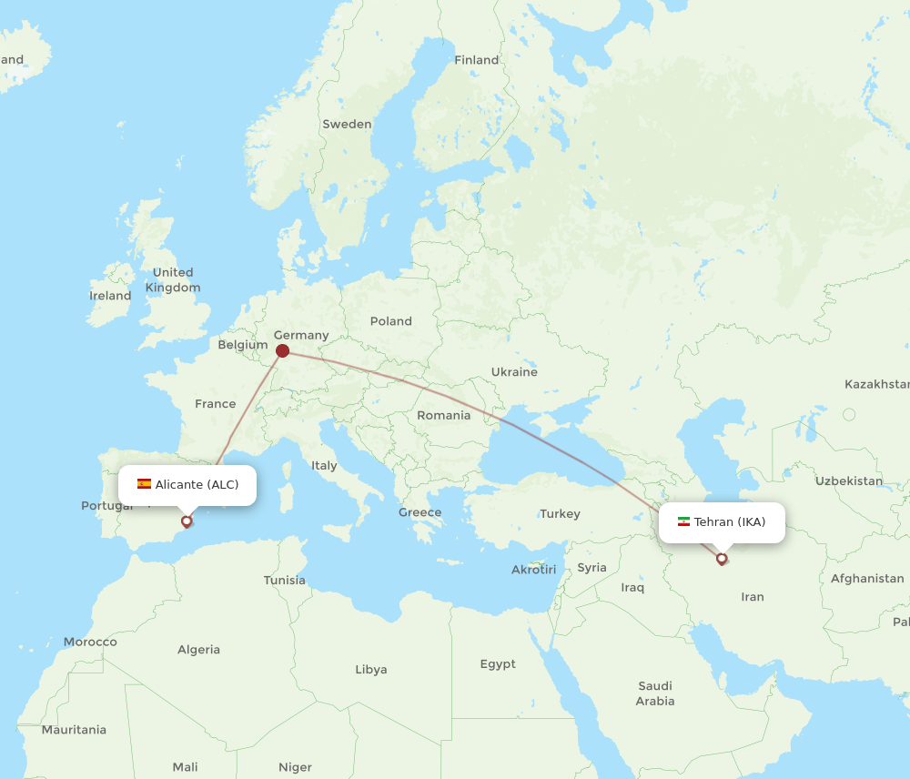 Alicante - Tehran route map and flight paths