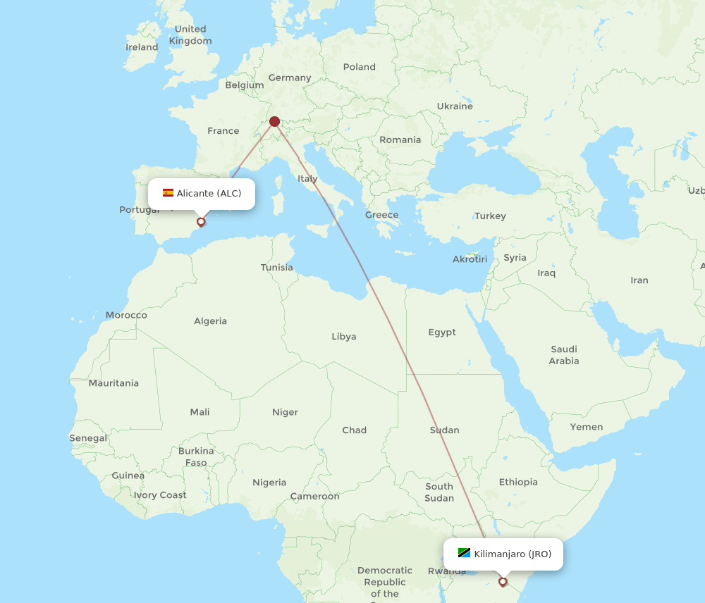 Kilimanjaro - Alicante route map and flight paths