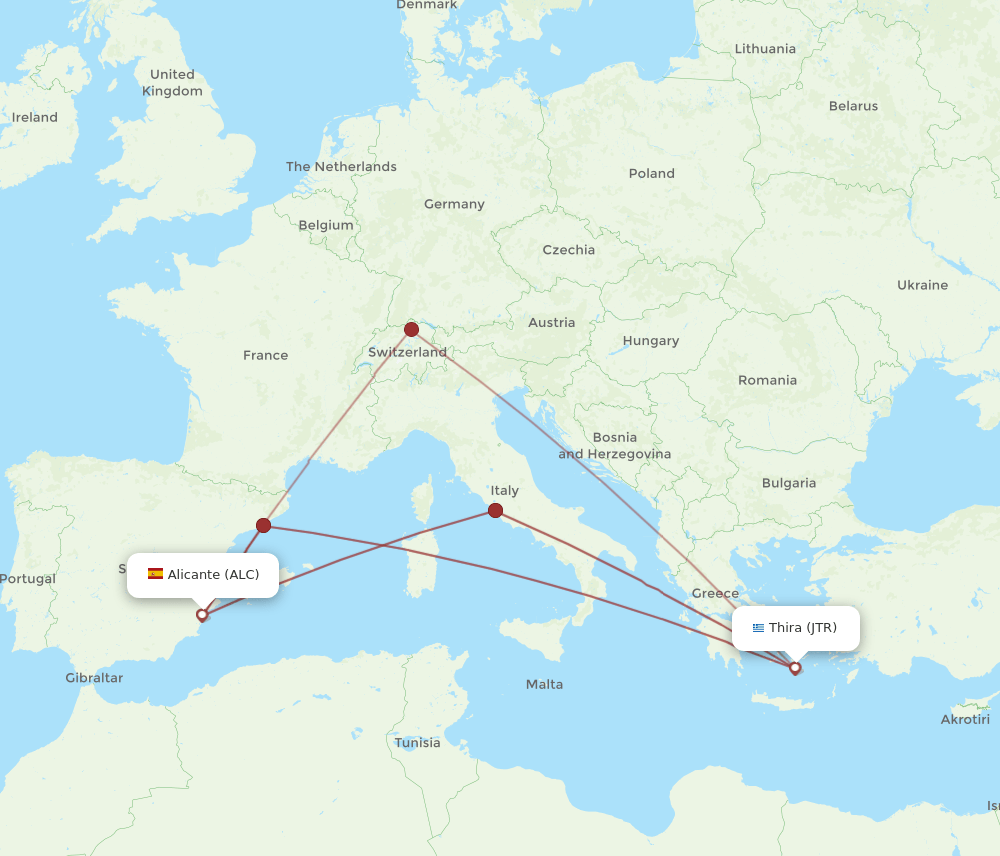 ALC to JTR flights and routes map