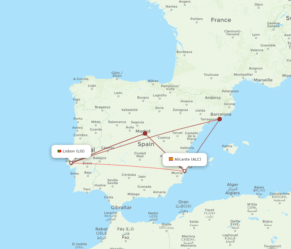 ALC to LIS flights and routes map