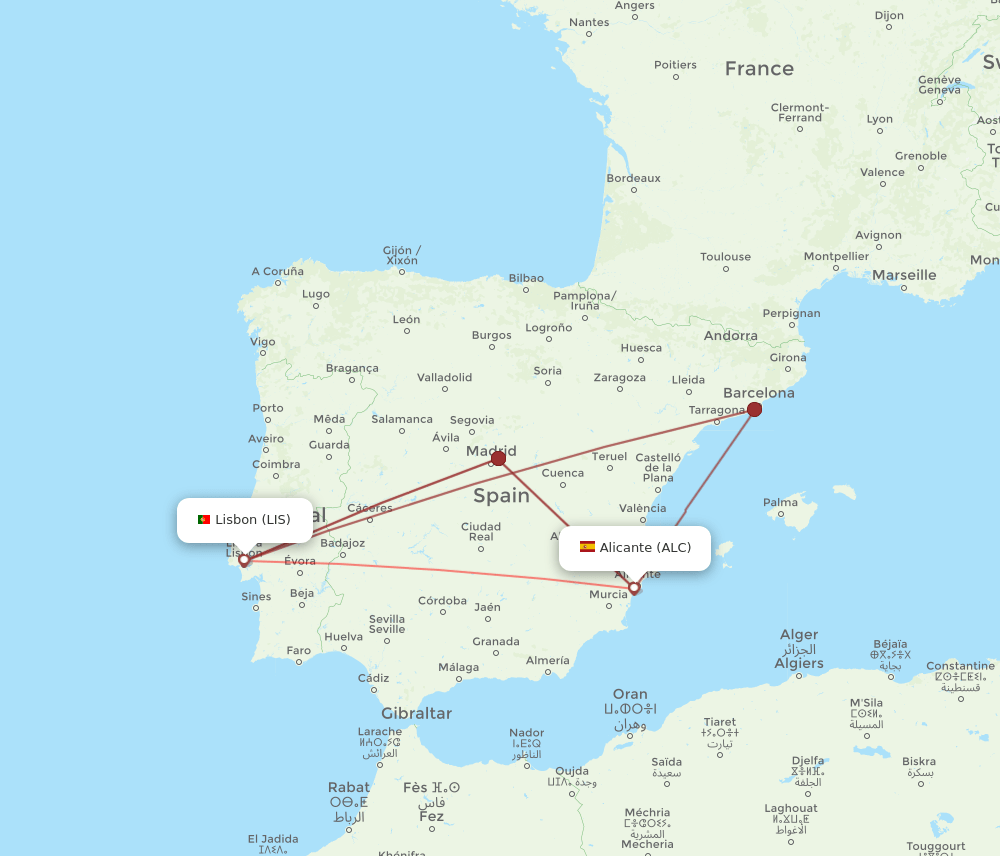 ALC-LIS flight routes