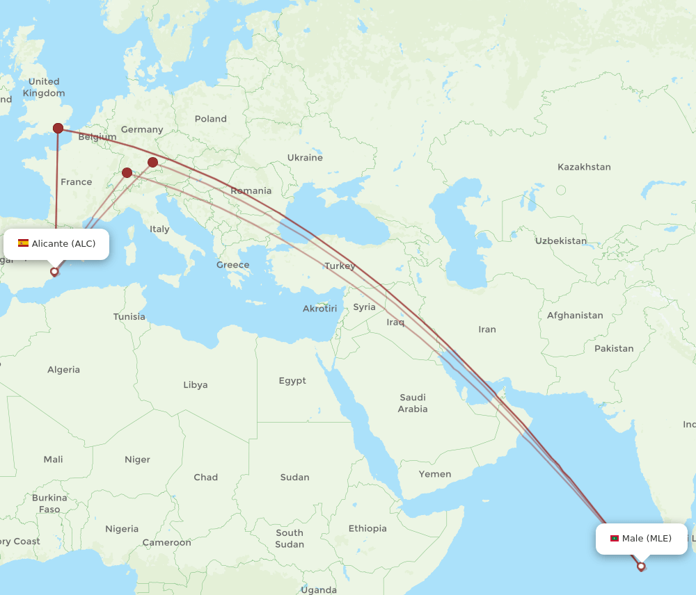 MLE to ALC flights and routes map