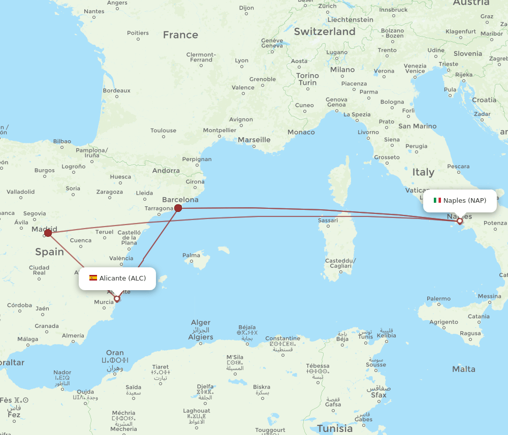 ALC to NAP flights and routes map