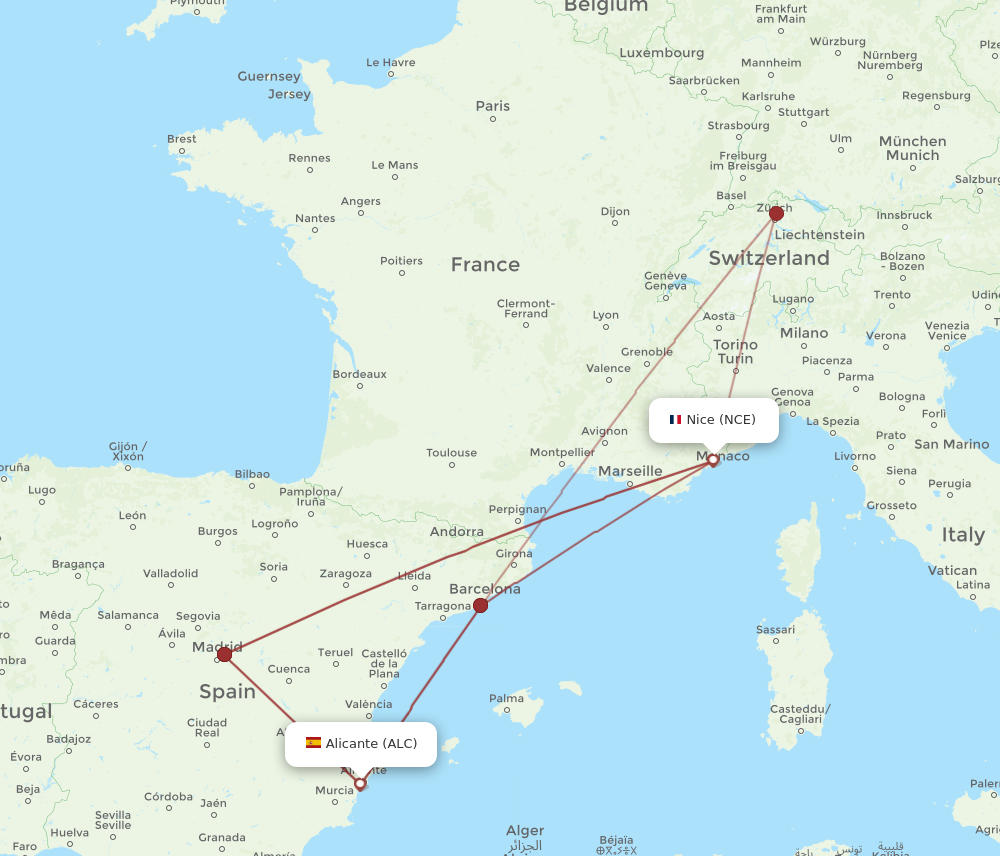 ALC to NCE flights and routes map
