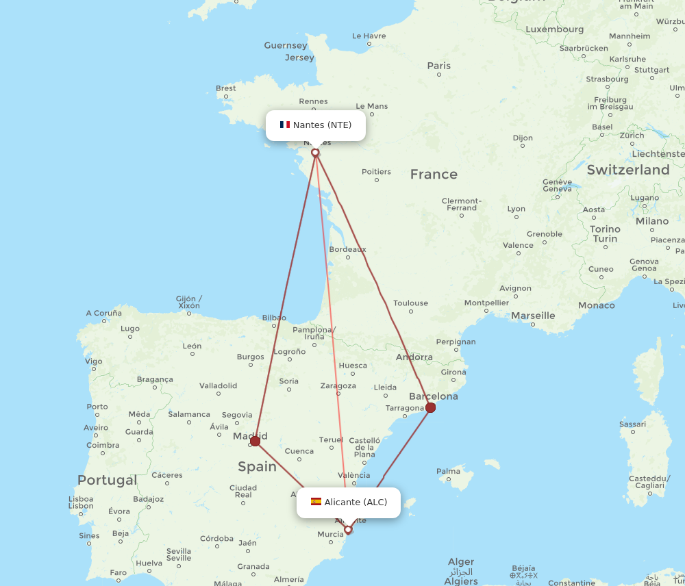 ALC to NTE flights and routes map