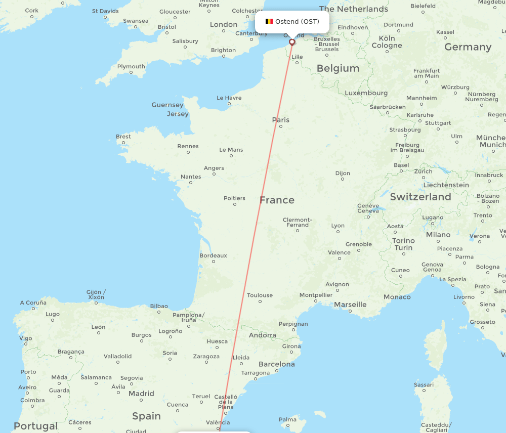 Alicante - Ostend route map and flight paths