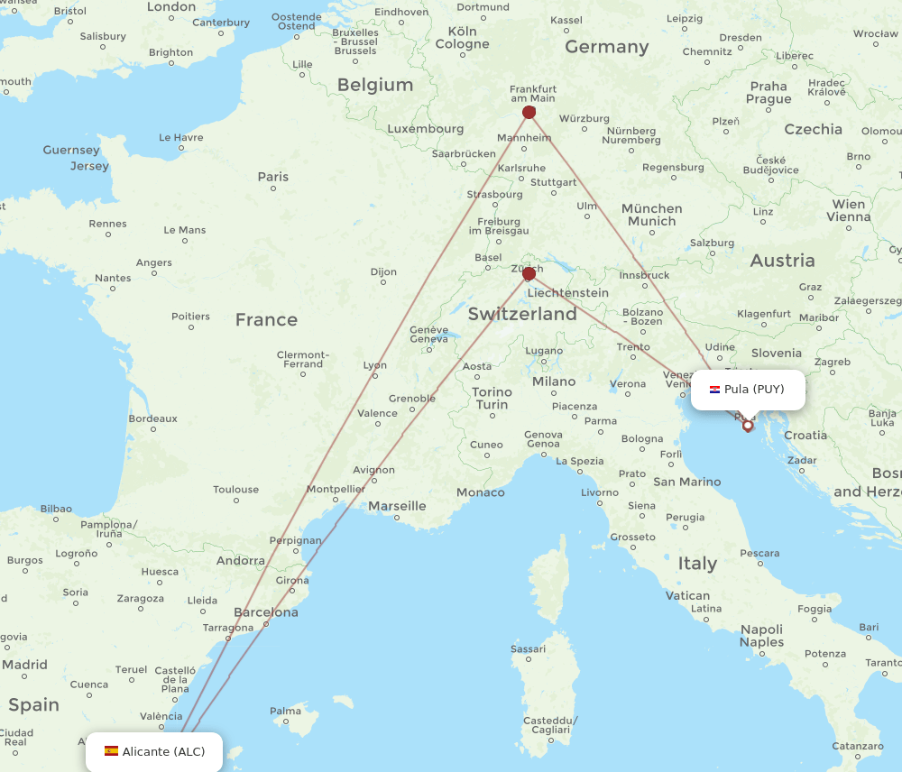 Pula - Alicante route map and flight paths