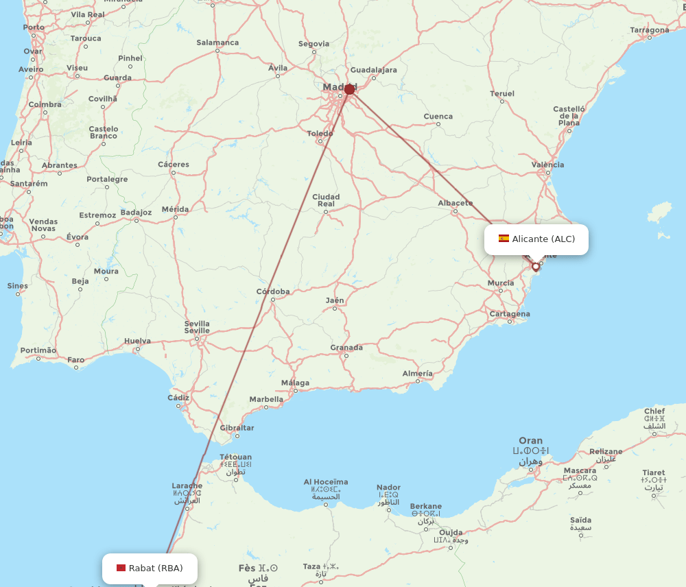 Alicante - Rabat route map and flight paths