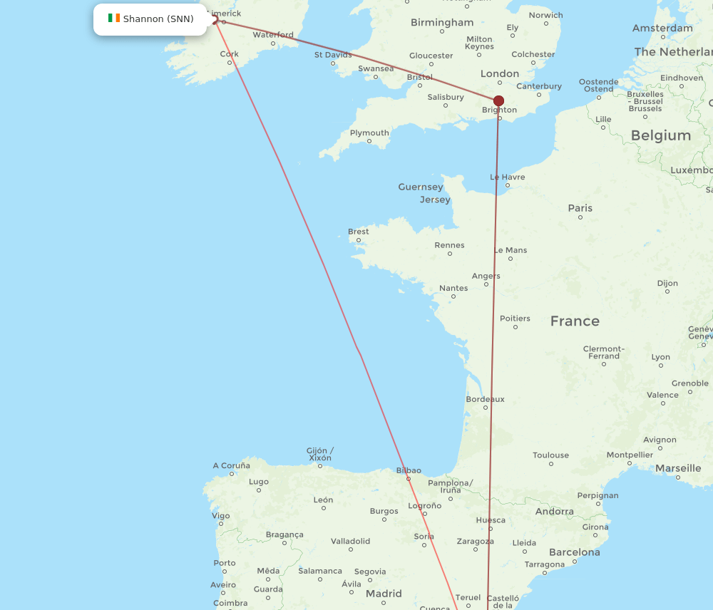 Alicante - Shannon route map and flight paths