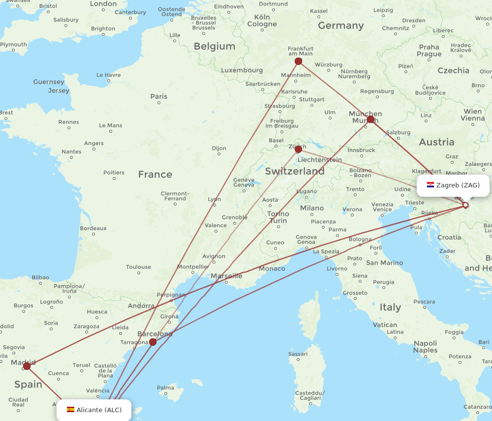 ALC-ZAG flight routes