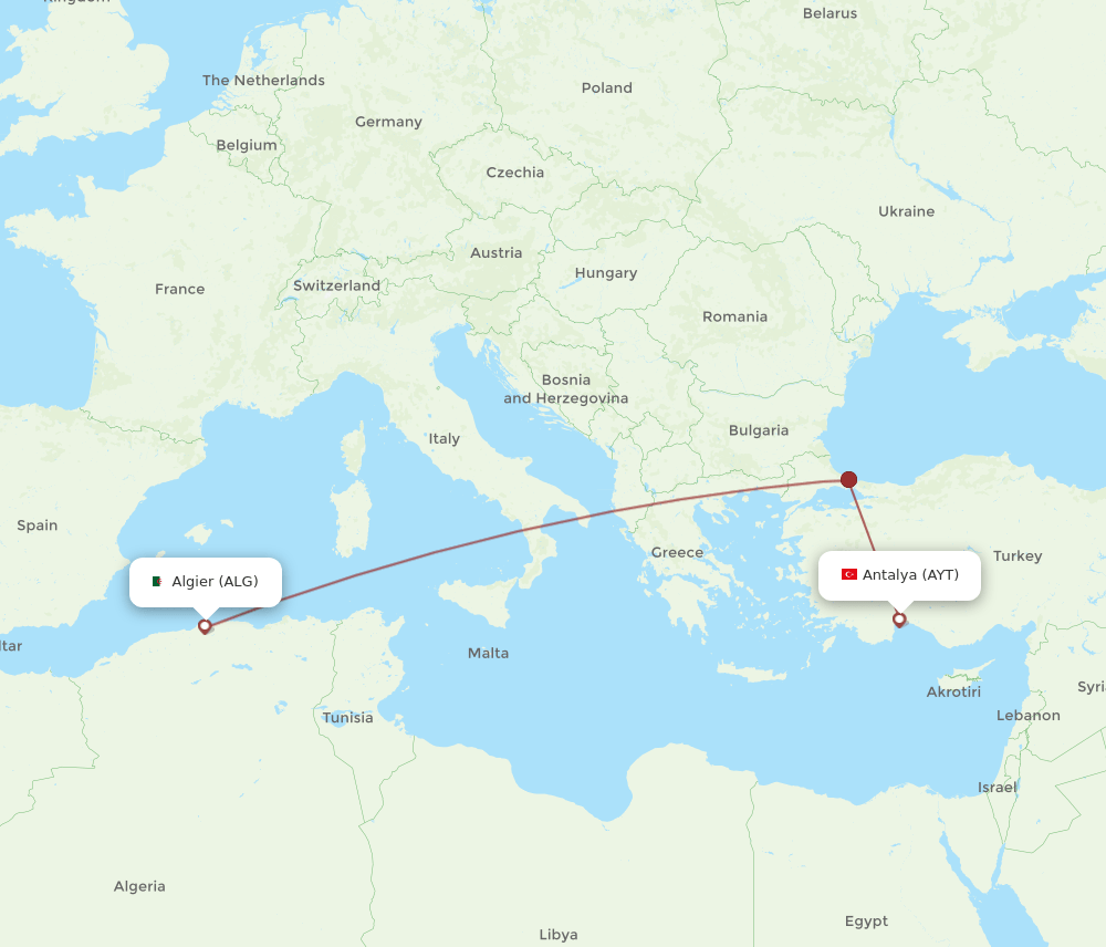 ALG to AYT flights and routes map