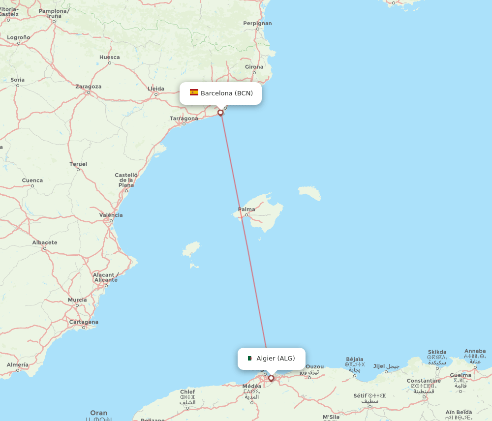 Algiers - Barcelona route map and flight paths