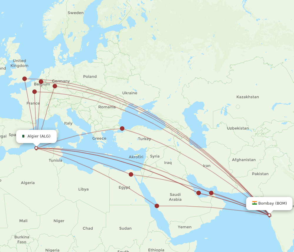 ALG to BOM flights and routes map