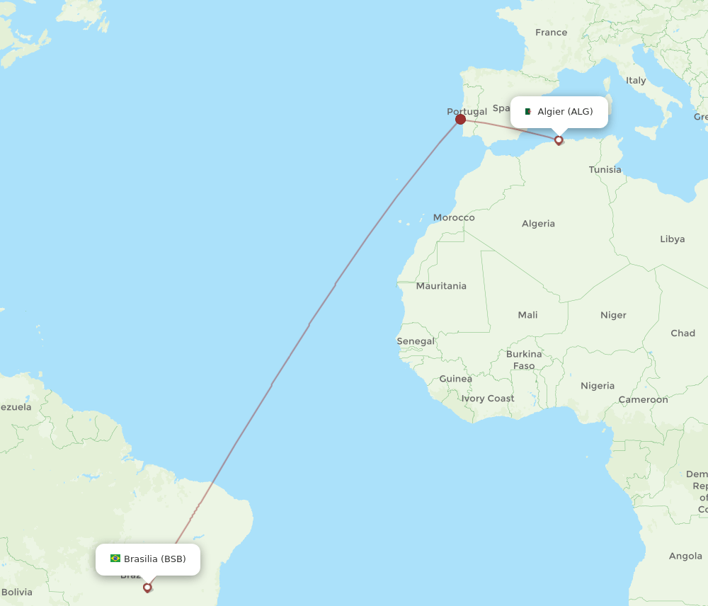 Algiers - Brasilia route map and flight paths