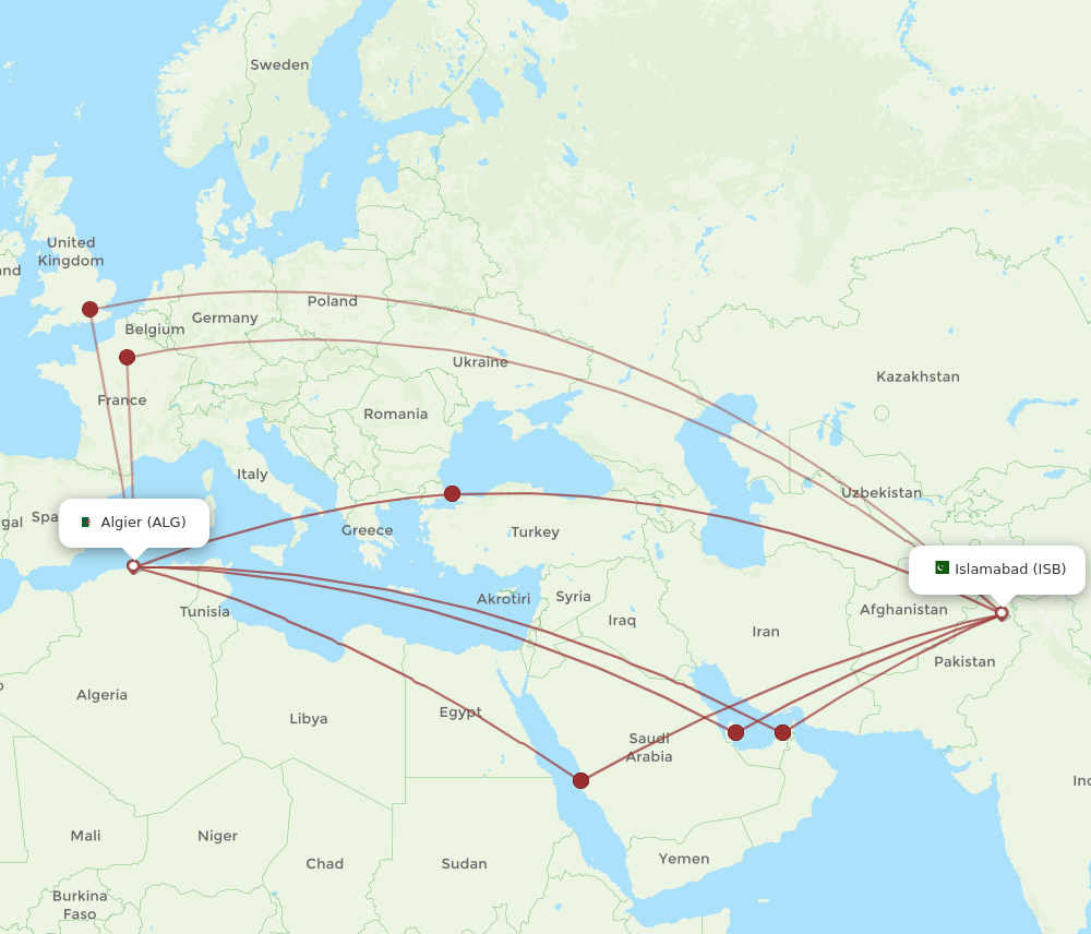 ALG to ISB flights and routes map