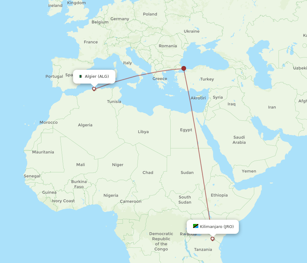 Kilimanjaro - Algiers route map and flight paths