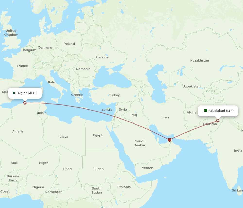 Algiers - Faisalabad route map and flight paths