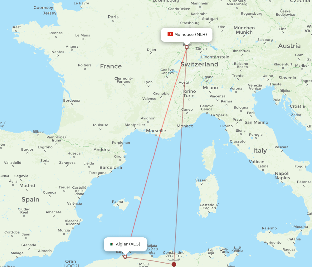 Algiers - Mulhouse, France/Basel route map and flight paths