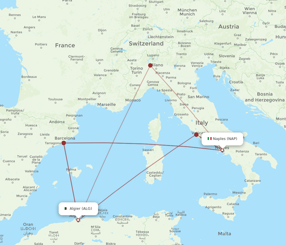 ALG to NAP flights and routes map