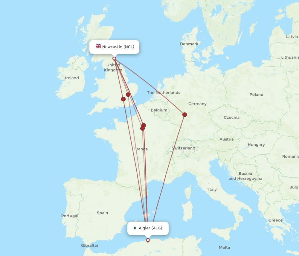 ALG-NCL flight routes