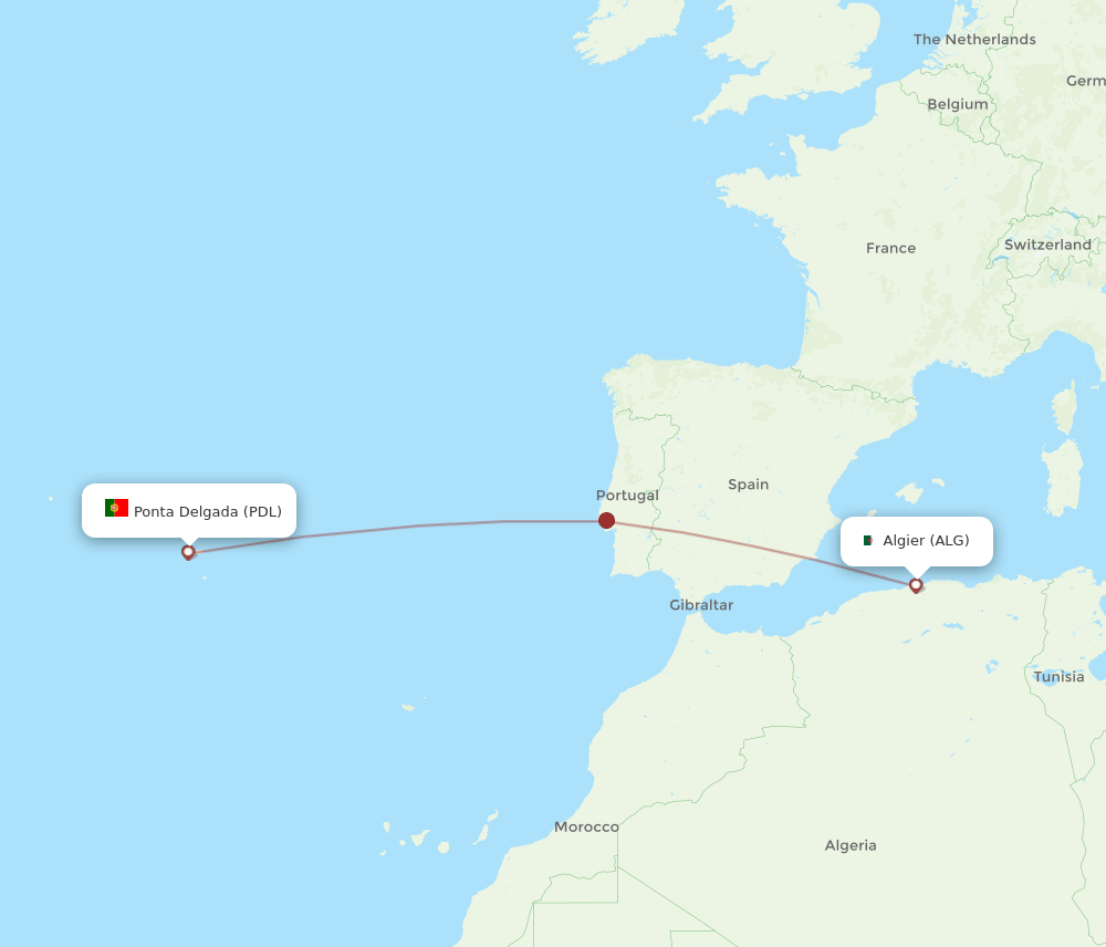 Ponta Delgada (Azores) - Algiers route map and flight paths
