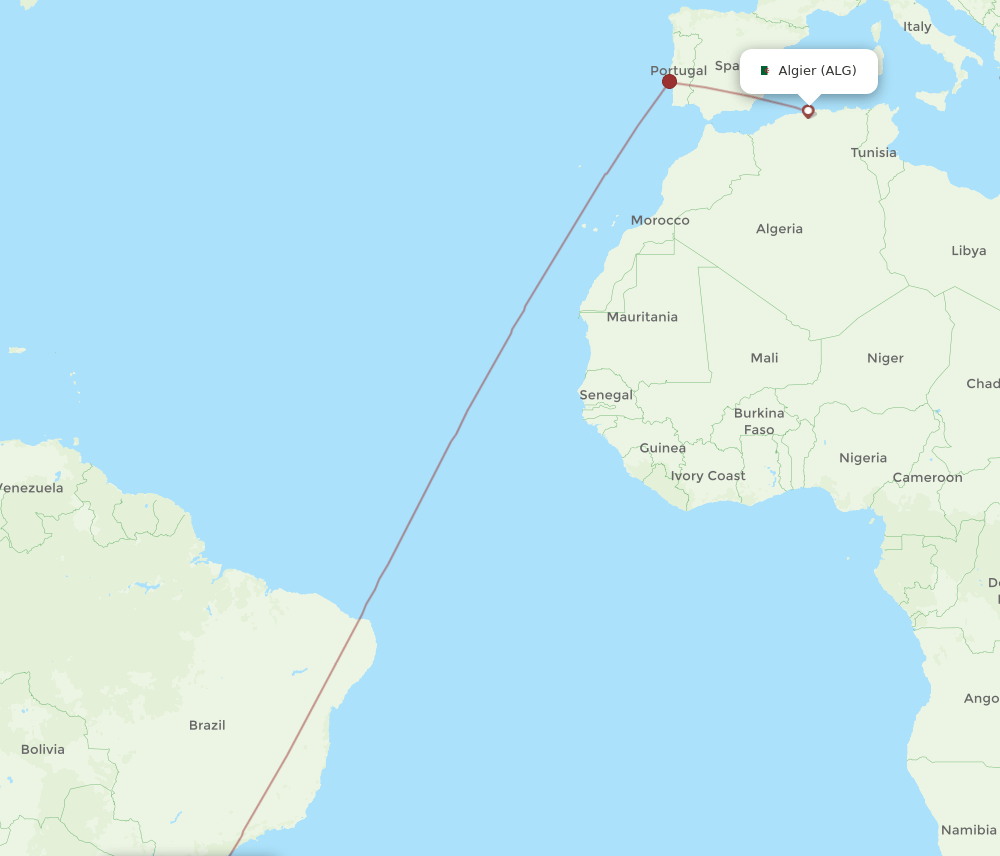 Algiers - Porto Alegre route map and flight paths